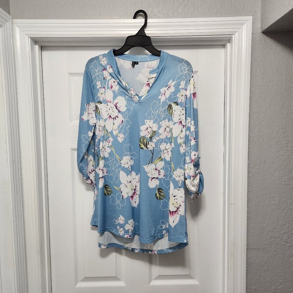 Zattcas Womens 3/4 Roll Sleeve Notch Neck Floral Blouse Shirts Tunic Tops Light